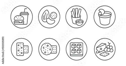 Line style icons of food and drinks: snack time icon, nuts and dried fruit badge, veggie sticks with dip, yogurt cup ring, granola bar icon, rice cake snack, cheese cube tray, light snack combo.