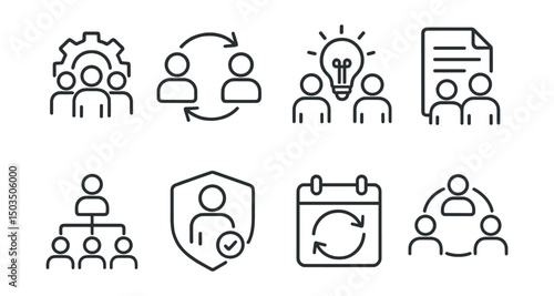 Line style icons of project management: team with gear icon, collaboration flow, group brainstorming icon, shared document symbol, team structure chart, roles and responsibilities badge, sync