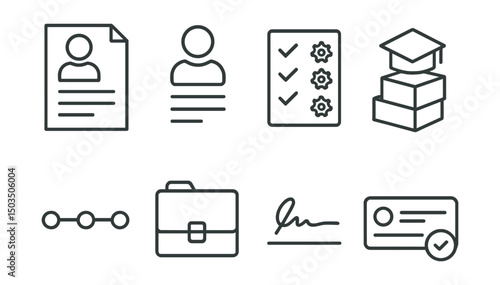 Line style icons of career and growth: resume document, profile sheet icon, checklist with skills, education block, experience timeline, portfolio folder, signature line, application status bar.