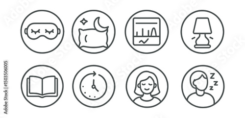 Line style icons of wellness and healthy living: night sleep mask, pillow and moon, sleep tracking chart, soft bedtime light, wind-down book, sleep routine icon, relaxed bedtime symbol, body and rest
