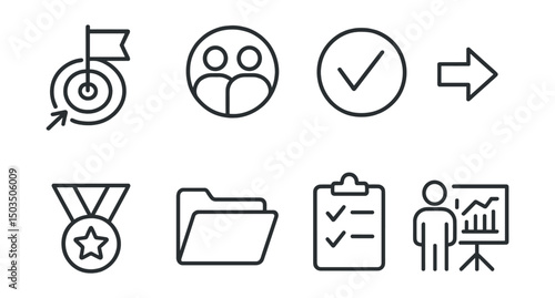 Line style icons of project management: project start icon, kickoff meeting badge, greenlight symbol, execution phase arrow, closing stage icon, delivery folder, handover checklist, project review