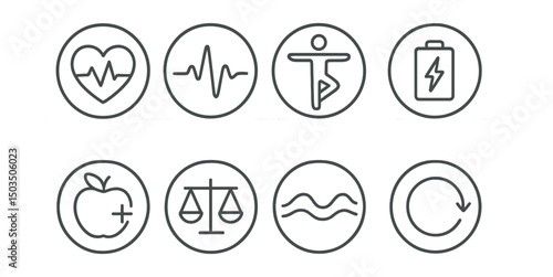 Line style icons of wellness and healthy living: heart health icon, pulse and calm line, body balance figure, energy restore icon, immune boost apple, hormone balance scale, digestion support wave,