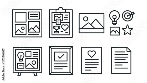 Line style icons of motivation and inspiration: vision board layout, collage of dreams, visual goal card, photo of dream place, symbolic image collection, wishboard setup, dream plan in frame,