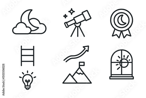 Line style icons of motivation and inspiration: big dream icon, telescope and stars, moon goal badge, dream ladder symbol, beyond the limit icon, creative future shape, high hope line, future vision