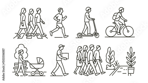 Line style icons of urban life: people walking in crosswalk, jogger with headphones, person on e-scooter, urban cyclist with backpack, stroller in park lane, delivery walker icon, busy pedestrian