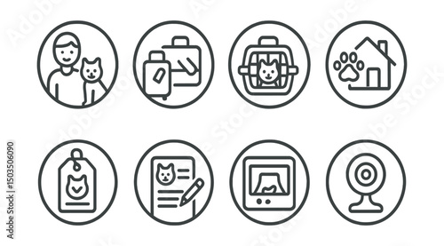 Line style icons of pets at home: pet sitter icon, travel prep for pet, stay home helper, care instruction tag, daily log for sitter, comfort item in crate, video check-in, pet camera icon. Circular