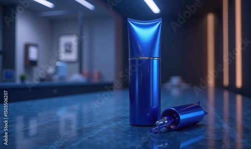 A glamorous blue skincare product displayed on a marble surface, highlighting luxury and sophistication in the beauty industry.