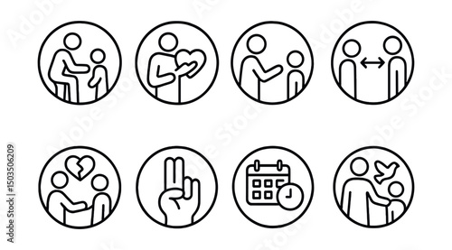 Line style icons of family and parenting: gentle discipline symbol, boundaries with love icon, calm correction circle, mutual respect icon, repair after conflict, pause before react badge, consistent