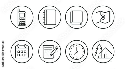 Line style icons of digital minimalism: analog alternative icon, paper notebook badge, physical book ring, offline map icon, printed calendar symbol, handwriting task icon, real clock, off-grid