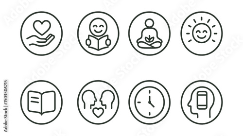 Line style icons of digital minimalism: gratitude over scroll icon, joy log instead of feed, offline reflection badge, happiness circle without likes, journal entry ring, real connection icon,