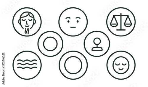 Line style icons of emotions and moods: calm breathing icon, neutral emotion face, observing thought symbol, balance in tension ring, even tone badge, stillness bubble, steady state icon, rest mind