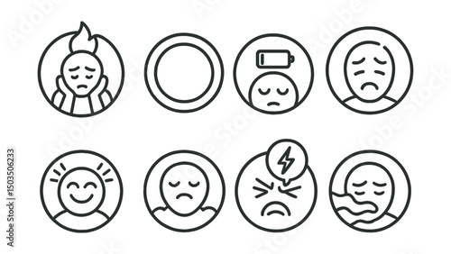 Line style icons of emotions and moods: burnout emotion icon, flat line ring, low battery badge, joy fatigue symbol, drained face icon, no energy zone, stress overload bubble, exhaustion fog.