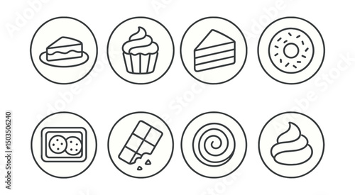 Wallpaper Mural Line style icons of food and drinks: dessert plate icon, cupcake with swirl, layered cake slice, donut with sprinkles, cookies on tray, chocolate bar break, pastry swirl, whipped cream topping. Torontodigital.ca