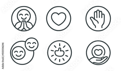 Line style icons of emotions and moods: gratitude face icon, thankful heart ring, appreciation wave, shared joy moment, reflective smile, kindness glow symbol, warmth inside badge, open hand circle.
