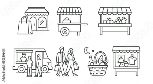 Line style icons of urban life: shopping bag and boutique, street vendor cart, open-air market table, food truck with line, flea market stand, local goods basket, evening shopping walk, gift shop