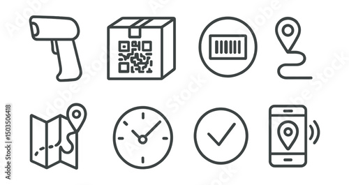 Line style icons of logistics and delivery: barcode scanner icon, QR code on box, tracking number badge, location pin on route, map with delivery path, estimated time window, status check icon, live