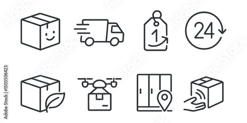 Line style icons of logistics and delivery: delivery box with smile, fast delivery icon, next-day tag, 24-hour delivery badge, eco-delivery leaf, drone delivery icon, locker pickup symbol,
