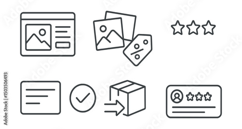 Line style icons of online marketplace: product page layout, item photo gallery, price tag with discount, rating stars icon, product description field, availability status icon, shipping info box,