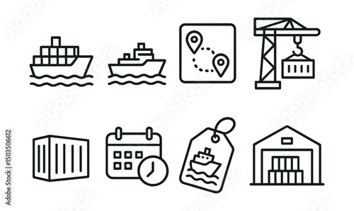 Line style icons of international logistics: container ship icon, cargo vessel on water, maritime route map, port crane symbol, sea freight container, dock schedule badge, ocean shipping tag, harbor
