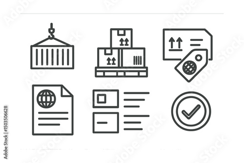 Line style icons of international logistics: container loading icon, box pallet symbol, cargo stack sheet, labeling standards icon, export ready tag, shipping manifest, item list per box, load