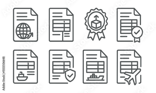 Line style icons of international logistics: export document set, commercial invoice icon, packing list badge, certificate of origin, bill of lading icon, inspection document, shipping policy form,