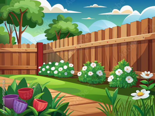 vector of A modern horizontal wooden fence and a lawn and next to a wooden fence full of anemones.