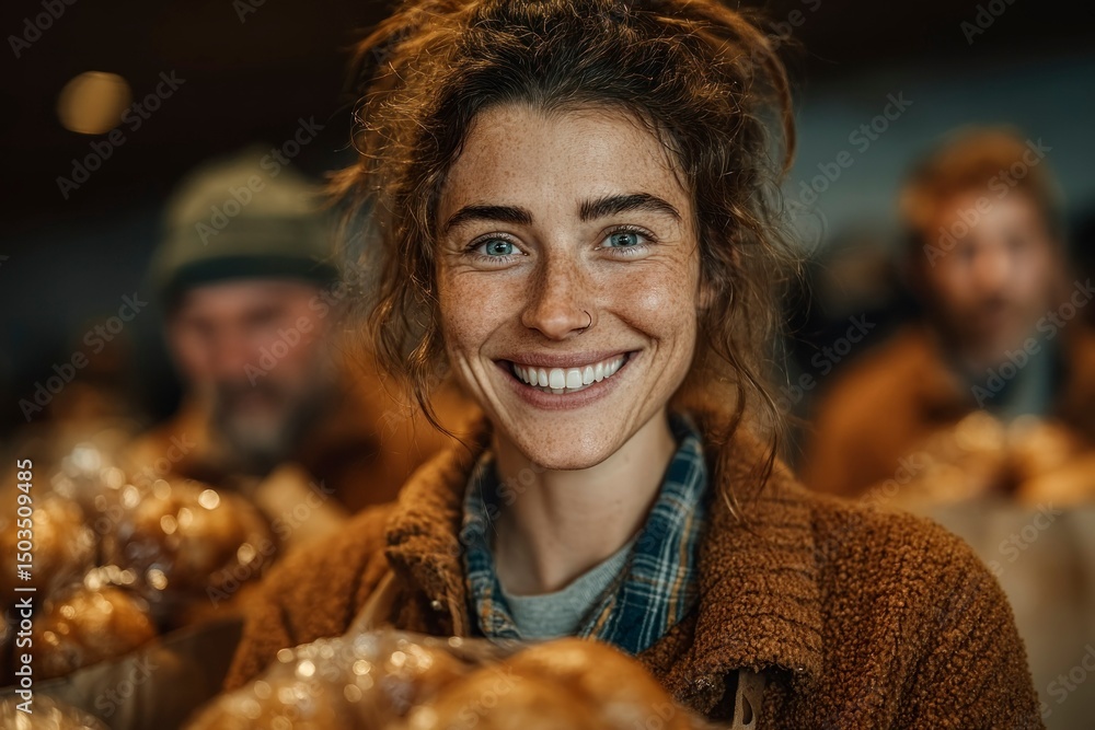 Naklejka premium A cheerful individual with a radiant smile surrounded by freshly baked bread in a cozy bakery