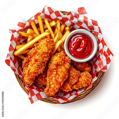 Top view of crispy fried chicken tenders and french fries with ketchup in basket on white surface
