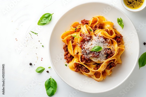 Delicious pappardelle bolognese pasta recipe with basil and parmesan cheese on a white plate