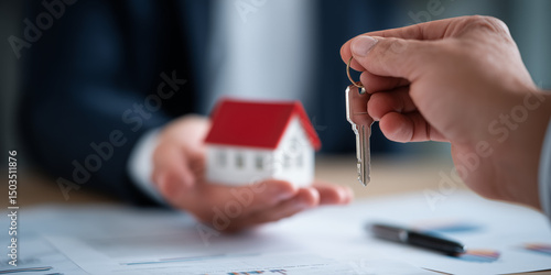 Hands exchanging a house key and miniature home model, business context, signing documents in background, real estate deal, mortgage agreement concept