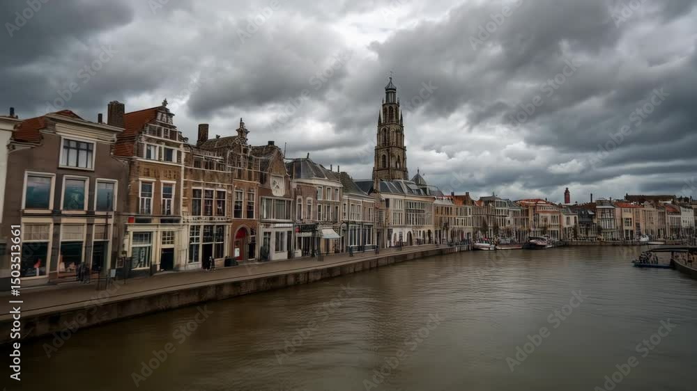 Waterfront buildings alongside canal under overcast skies, featuring brick architecture and church steeple in European city. Waterfront buildings alongside canal under overcast skies, featuring brick architecture and church steeple in European city.