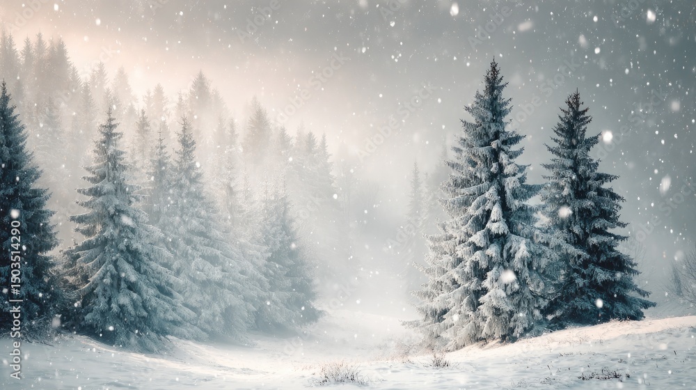 Fototapeta premium Snowy Pine Forest Winter Wonderland with serene landscape in falling snow.
