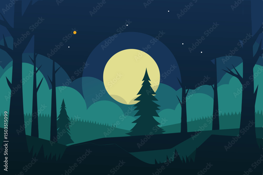 Fototapeta premium Dark starry night landscape with a full moon and silhouetted tree