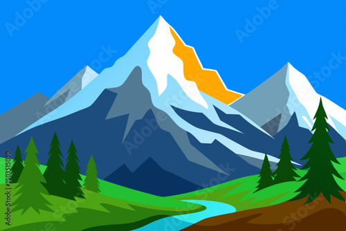 Green alpine mountain landscape with snow peaks and summer sky
