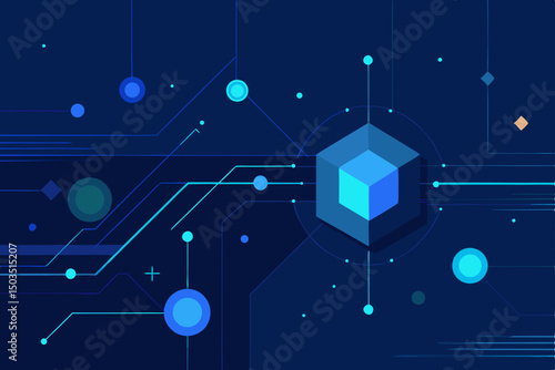 Bright blue glowing stars illuminate a digital technology sky, creating an abstract and energetic cosmic backdrop