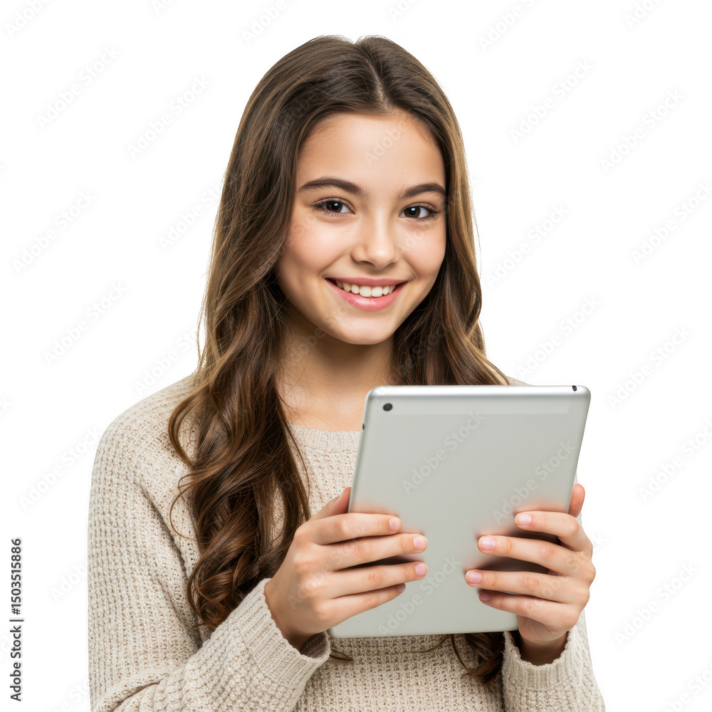 Smiling girl holding tablet isolated on transparent background Smiling girl holding tablet isolated on transparent background
