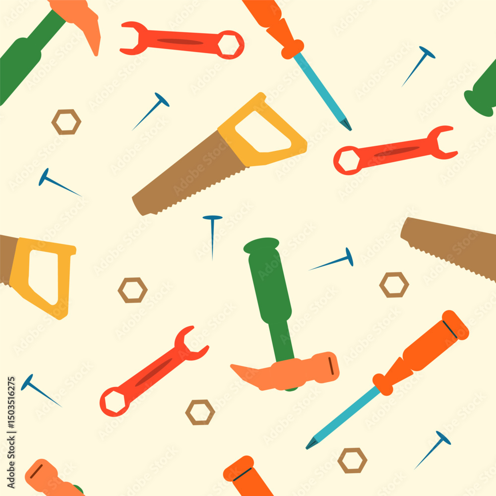 Fototapeta premium Tools seamless pattern in vector. Flat style illustration. pattern for fabric, baby clothes, background, textile, wrapping paper and other decoration.