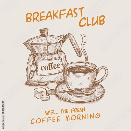 Breakfast club. Retro typography Coffee time club graphic tee t-shirt, artwork. Sunday coffee time vector design. Retro Poster coffee. Graphic Design for T-shirt Street Wear and Urban Style