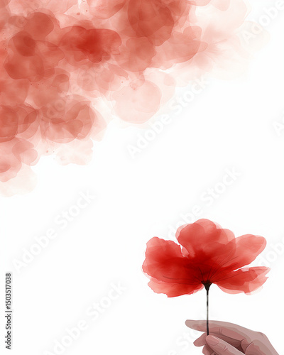 Delicate hand holding red flower against a soft watercolor background  