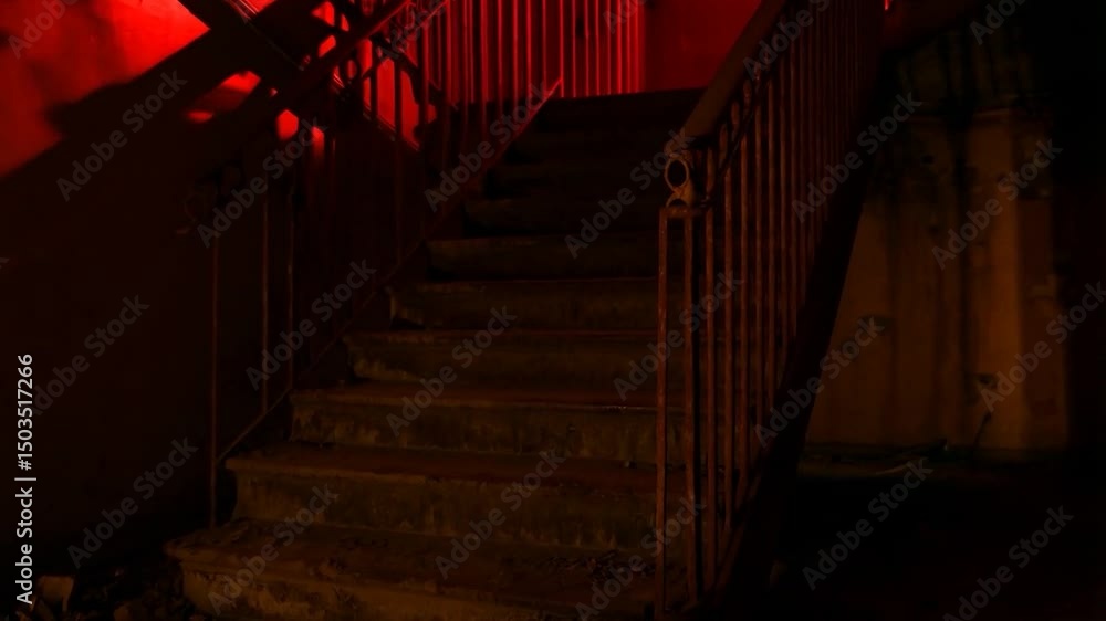 Red-lit, abandoned staircase with metal railing Red-lit, abandoned staircase with metal railing