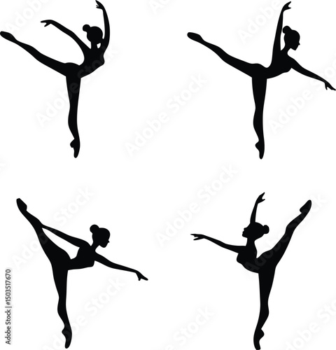 Four black ballerina silhouettes in various poses against a white background in a square arrangement
