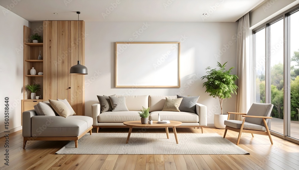 Fototapeta premium Scandinavian Living Room Poster Blank Frame Mockup