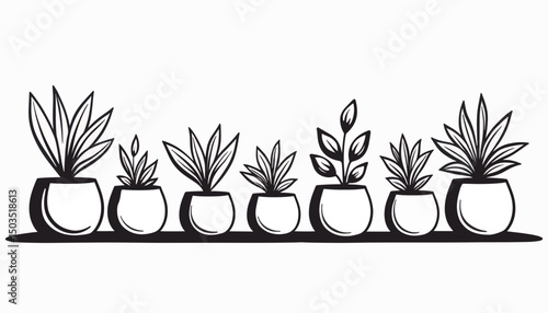 Minimalist geometric planters with diverse plants, nature decor