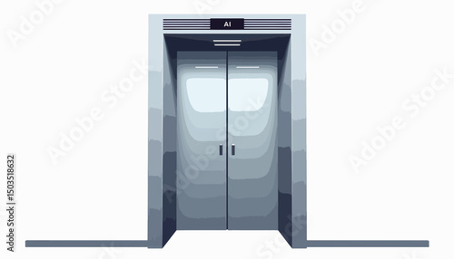 Modern elevator door with malfunctioning AI interface, digital design