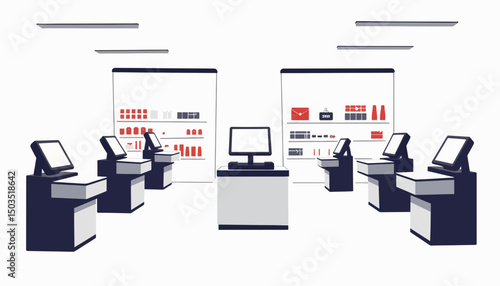 Modern self-checkout area in cashierless store, streamlined convenience