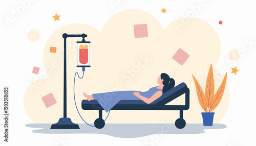 Patient receiving IV therapy in serene home setting, recovery support