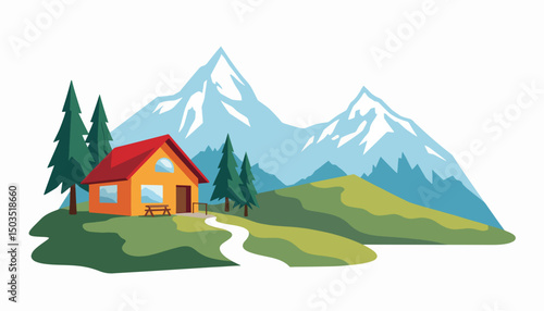 Colorful mountain lodge surrounded by hills, digital detox concept