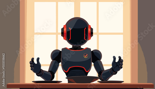 Multi-functional robot preparing food in minimalistic dining room, innovation