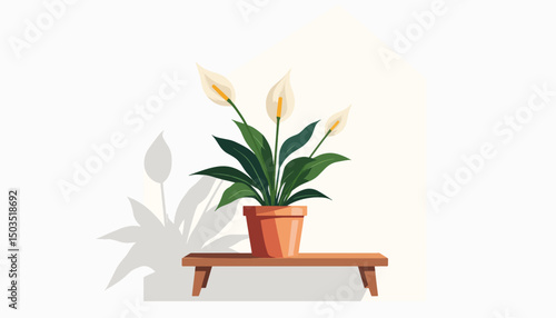 Minimalistic peace lily plant on geometric shelf, calming nature