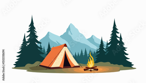 Outdoor camping scene with tent and campfire, digital detox concept